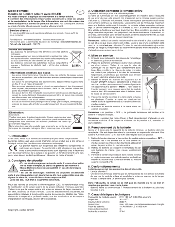 esotec 102176 Solar Lichterkette BubbleBalls Mode d'emploi | Fixfr