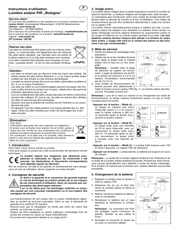 esotec 102750 Solar Wandleuchte Bologna Mode d'emploi | Fixfr