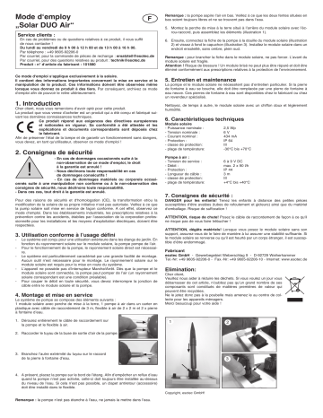 esotec 101880 Solar Teichbelüfter Duo Air Mode d'emploi | Fixfr