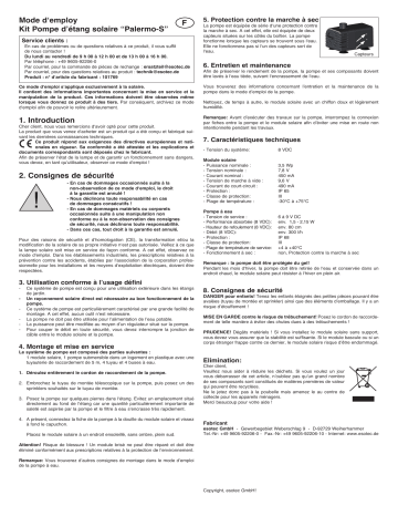 esotec 101769 Solar Pumpenset Palermo S Mode d'emploi | Fixfr