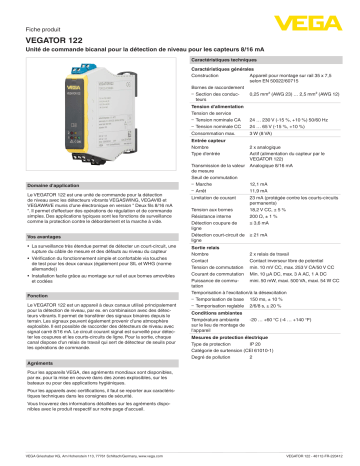 Vega VEGATOR 122 Double channel controller for level detection spécification | Fixfr