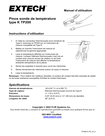 Extech Instruments TP200 Type K Pipe Clamp Temperature Probe (-4 to 200°F) Manuel utilisateur | Fixfr