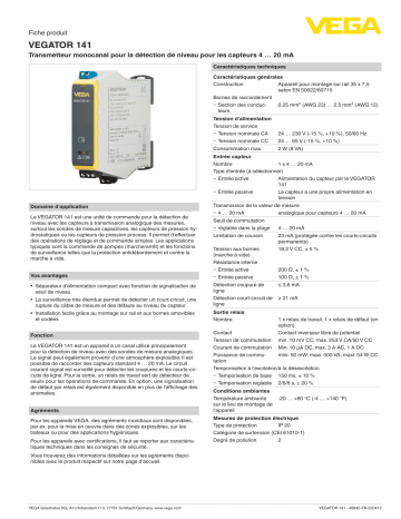 Vega VEGATOR 141 Single-channel controller for level detection spécification | Fixfr