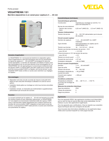 Vega VEGATRENN 151 Separator for 4 … 20 mA sensors spécification | Fixfr