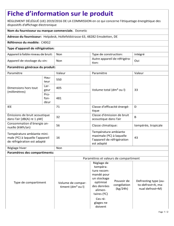 Dometic C40G2 | Product Information Sheet FR Information produit | Fixfr