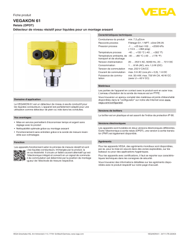 Vega VEGAKON 61 Conductive limit switch for liquids for front-flush mounting Mode d'emploi | Fixfr