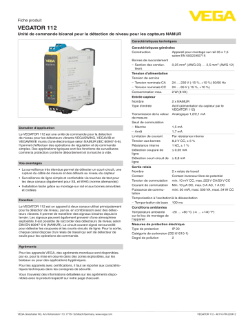 Vega VEGATOR 112 Double channel controller acc. to NAMUR (IEC 60947-5-6) for level detection spécification | Fixfr