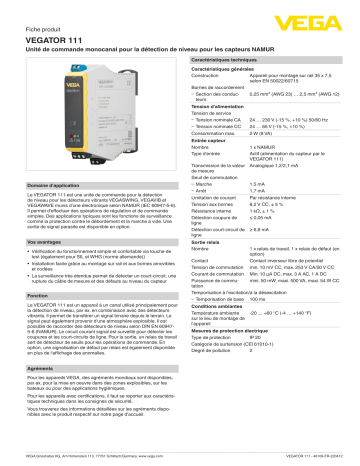 Vega VEGATOR 111 Single channel controller acc. to NAMUR (IEC 60947-5-6) for level detection spécification | Fixfr