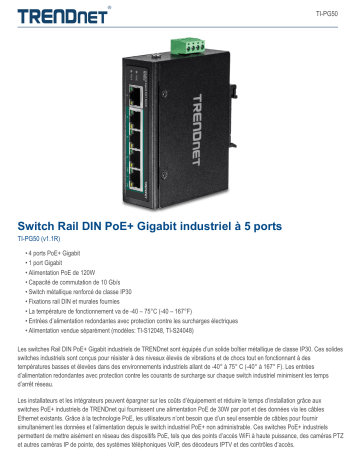 Trendnet TI-PG50 5-Port Industrial Gigabit PoE+ DIN-Rail Switch Fiche technique | Fixfr