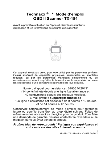 Technaxx TX-184 OBD II Scanner Manuel du propriétaire | Fixfr