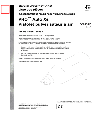 Graco 309457a , PRO Auto Xs pistolet pulvérisateur à air electrostatique pour produits hydrosolubles Manuel du propriétaire | Fixfr