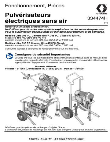 Graco 334474H, Ultra 395 PC, Ultimate NOVA 395 PC, Classic S 395 PC, Classic S 495 PC, Ultra 395 PC Pro, Ultra 395 PC Classic, Ultra 495 PC Classic Electric Airless Sprayers, Fonctionnement, Pièces Manuel du propriétaire | Fixfr