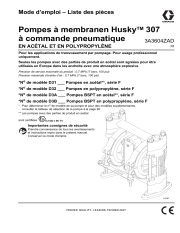 Graco 3A3604ZAD, Pompes à membranen Husky 307 à commande pneumatique, Mode d’emploi – Liste des pièces Manuel utilisateur | Fixfr