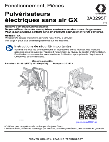 Graco 3A3295F, GX19, GX21, FinishPro GX 19, GXFF Electric Airless Sprayers Manuel du propriétaire | Fixfr