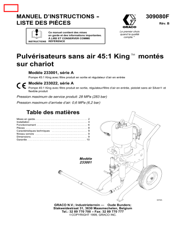 Graco 309080b , Pulvérisateurs sans air 45:1 King montés sur chariot Manuel du propriétaire | Fixfr