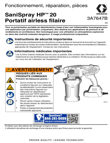 Graco 3A7647B, SaniSpray HP™ 20 airless filaire portatif, Fonctionnement, Réparation, Pièces, Français Manuel du propriétaire | Fixfr