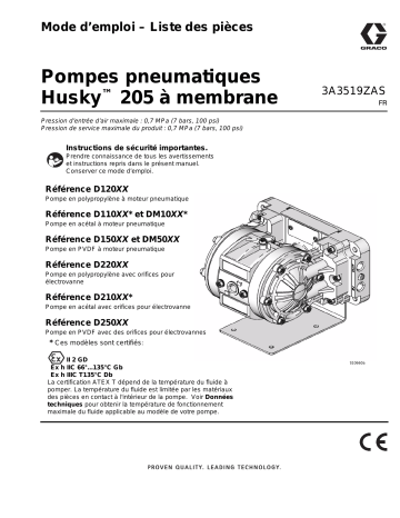 Graco 3A3519ZAS, Pompes pneumatiques Husky 205 à membrane, Mode d’emploi, Liste des pieces, Francais Manuel utilisateur | Fixfr