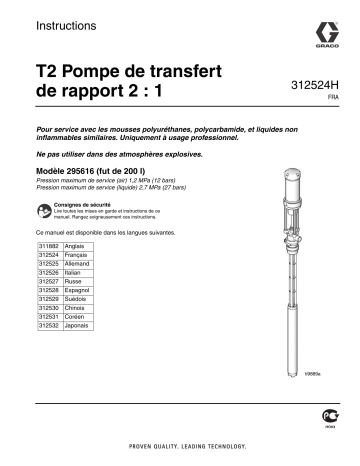 Graco 312524H - T2 2:1 Ratio Transfer Pump Manuel du propriétaire | Fixfr