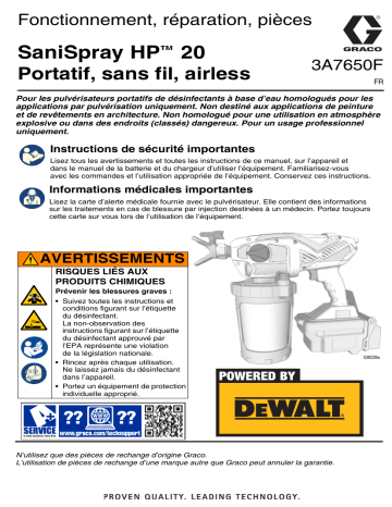 Graco 3A7650F, SaniSpray HP™ 20 Sans fil airless portatif, Fonctionnement, Réparation, Pièces, Français Manuel du propriétaire | Fixfr