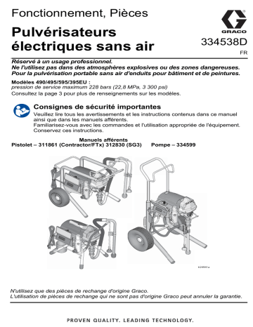 Graco 334538D - 490/495/595/395EU Pulvérisateurs électriques sans air, Fonctionnement, Pièces Manuel du propriétaire | Fixfr