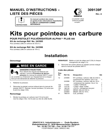 Graco 309139a , Kits pour pointeau Manuel du propriétaire | Fixfr