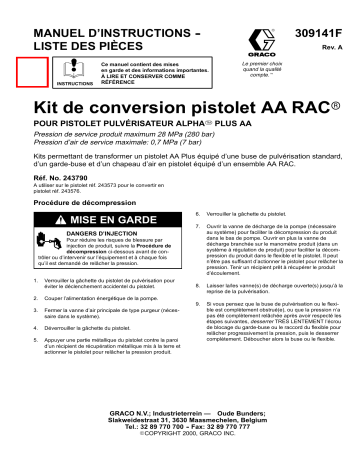 Graco 309141a , Kit de conversion pistolet AA RAC Manuel du propriétaire | Fixfr