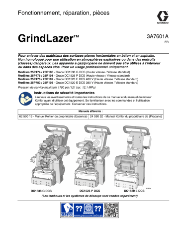 Graco 3A7601A, GrindLazer, Modèles 25P474, 25P475, 25P476, 25P783, Fonctionnement, réparation, pièces, Français Manuel du propriétaire | Fixfr