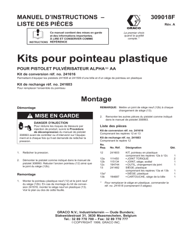 Graco 309018A, Kits pour pointeau plastique POUR PISTOLET PULVÉRISATEUR ALPHA@ AA, MANUEL D’ Mode d'emploi | Fixfr