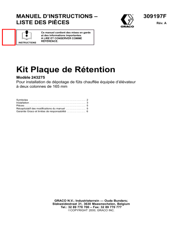 Graco 309197a , Kit Plaque de Rétention Manuel du propriétaire | Fixfr