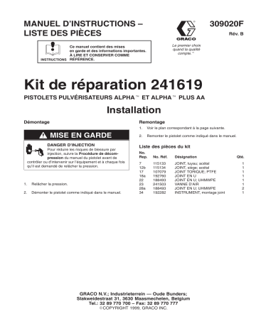 Graco 309020b , Kit de réparation 241619 ppur pistolets pulvérisateurs Alpha et Alpha Plus AA Manuel du propriétaire | Fixfr