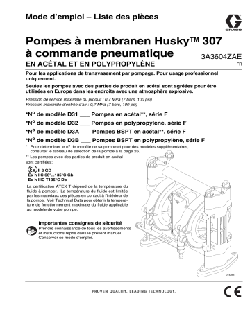 Graco 3A3604ZAE, Pompes à membranen Husky 307 à commande pneumatique, Mode d’emploi, Liste des pièces, Francais Manuel utilisateur | Fixfr