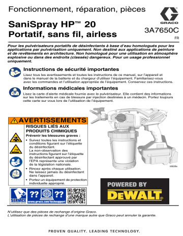 Graco 3A7650C, SaniSpray HP™ 20 Sans fil airless portatif, Fonctionnement, Réparation, Pièces, Français Manuel du propriétaire | Fixfr