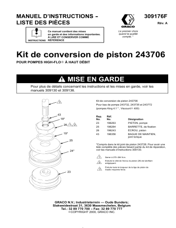 Graco 309176a , Kit de conversion de piston 243706 Manuel du propriétaire | Fixfr