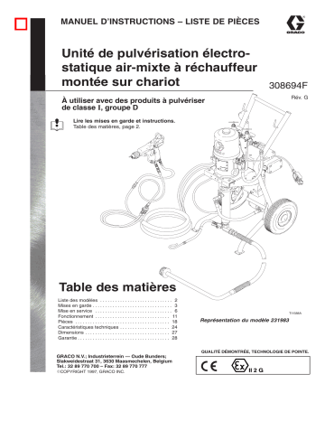Graco 308694g , Unité de pulvérisation électrostatique air-mixte à réchauffeur montée sur chariot Manuel du propriétaire | Fixfr