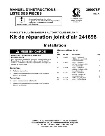 Graco 309078a , Kit de réparation joint dair 241698 Manuel du propriétaire | Fixfr