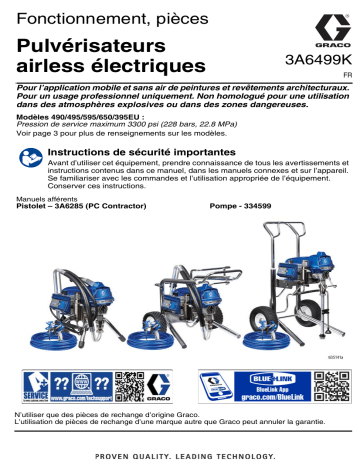 Graco 3A6499K, Pulvérisateurs airless électriques 490/495/595/495EU, Fonctionnement, Pièces, Français Manuel du propriétaire | Fixfr