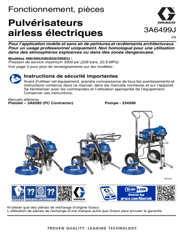 Graco 3A6499J, fonctionnement, pièces, pulvérisateurs électriques airless 490/495/595/495EU, Français Manuel du propriétaire | Fixfr