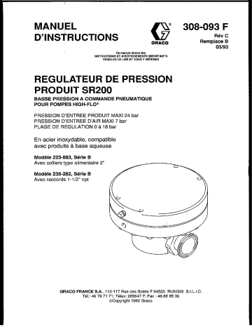 Graco 308093C, REGULATEUR DE PRESSION PRODUIT SR200, MANUEL'D' Mode d'emploi | Fixfr