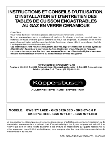 Küppersbusch GWS 3711.0 ED-BF Gaseinbaugerät Manuel du propriétaire | Fixfr