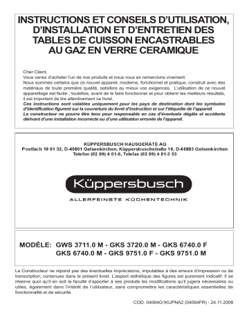 Küppersbusch GKS 9751.0 M-NL Gaseinbaugerät Manuel du propriétaire | Fixfr