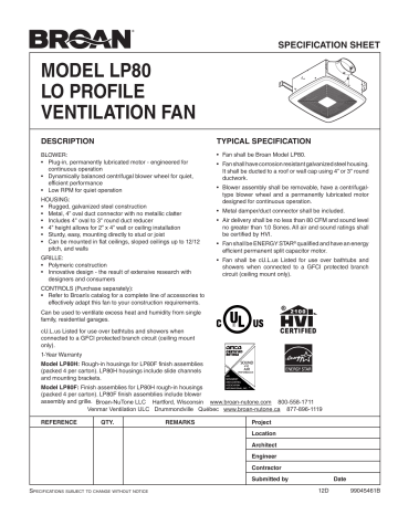 LP80F | Broan LP80H LoProfile™ 80 CFM Ventilation Fan Project Housing Pack spécification | Fixfr