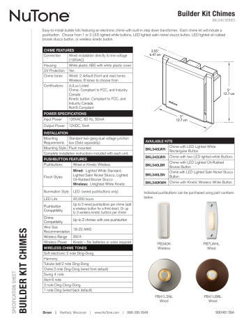 PB340K | BKL340LSN | Broan BKL340KWH Line Voltage Wired Doorbell spécification | Fixfr