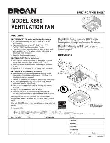 XB00H | Broan XB50F Exhaust Ventilation Fan Finish Pack spécification | Fixfr