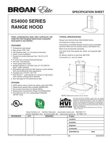 Broan E5490SS 35-7/16-Inch x 27-9/16-Inch Convertible Island Chimney Range Hood spécification | Fixfr