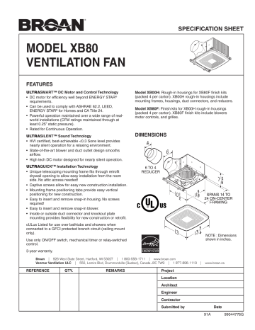 Broan XB80F Exhaust Ventilation Fan Finish Pack spécification | Fixfr