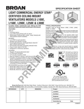 L250E | Broan L200E High-Capacity spécification | Fixfr