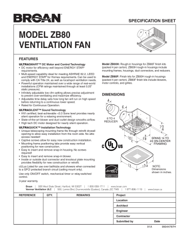 ZB80F | Broan ZB00H Exhaust Ventilation Fan Housing Pack spécification | Fixfr