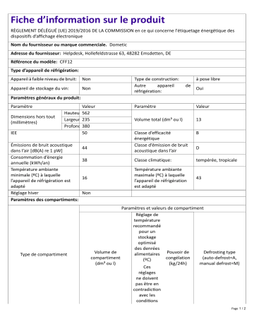 Dometic CFF 12 - Product Information Sheet FR Information produit | Fixfr