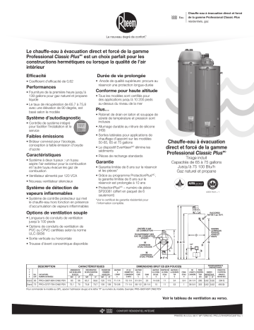 PRO+G50-65N RH62 PDV | Rheem PRO+G50-47P RH62 PDV Residential Gas Water Heater spécification | Fixfr