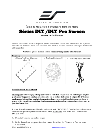 Elite Screens DIY/DIY Pro Screen Series Mode d'emploi | Fixfr